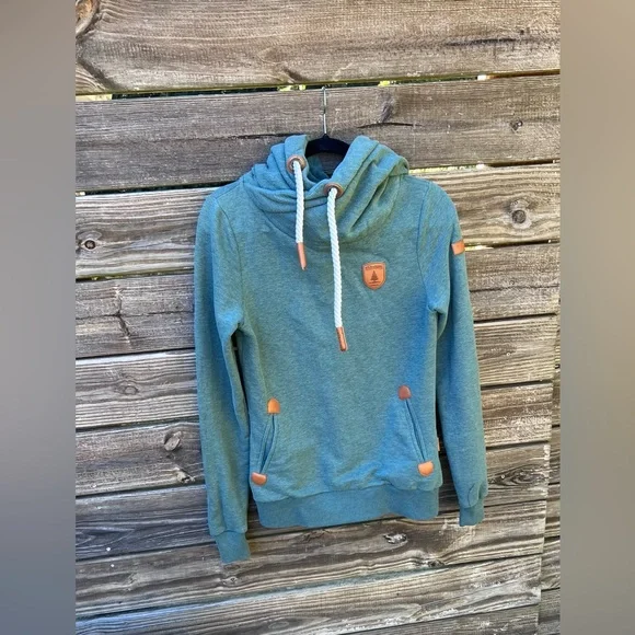 Wanakome Teal Pullover Sweatshirt Cowl Neck Brown Accents Rope Drawstring Pocket - Picture 2 of 8